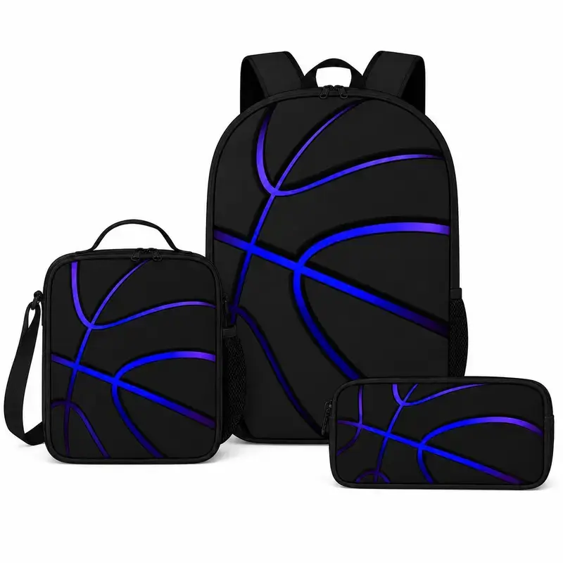 Basketball Pattern Blue 3-Piece Sports Backpack Combo - Backpack, Lunch Bag, Pencil Case (Basketball Equipment Bag for Sports & Outdoor Gym Use)
