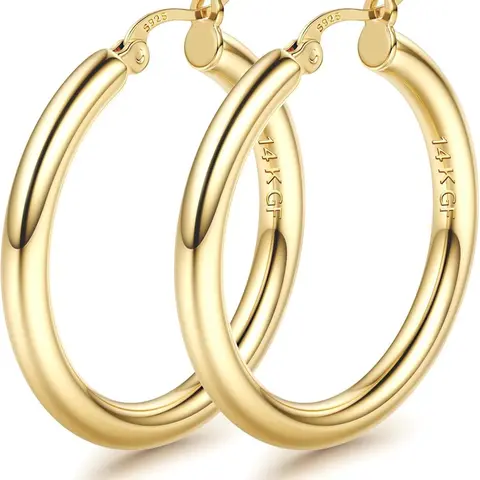 14K Chunky Hoop Earrings for Women, 925 Sterling Silver Post, Hypoallergenic, Lightweight, Sizes 25-70mm, Ear Hoops, Huggie Hoop Earrings