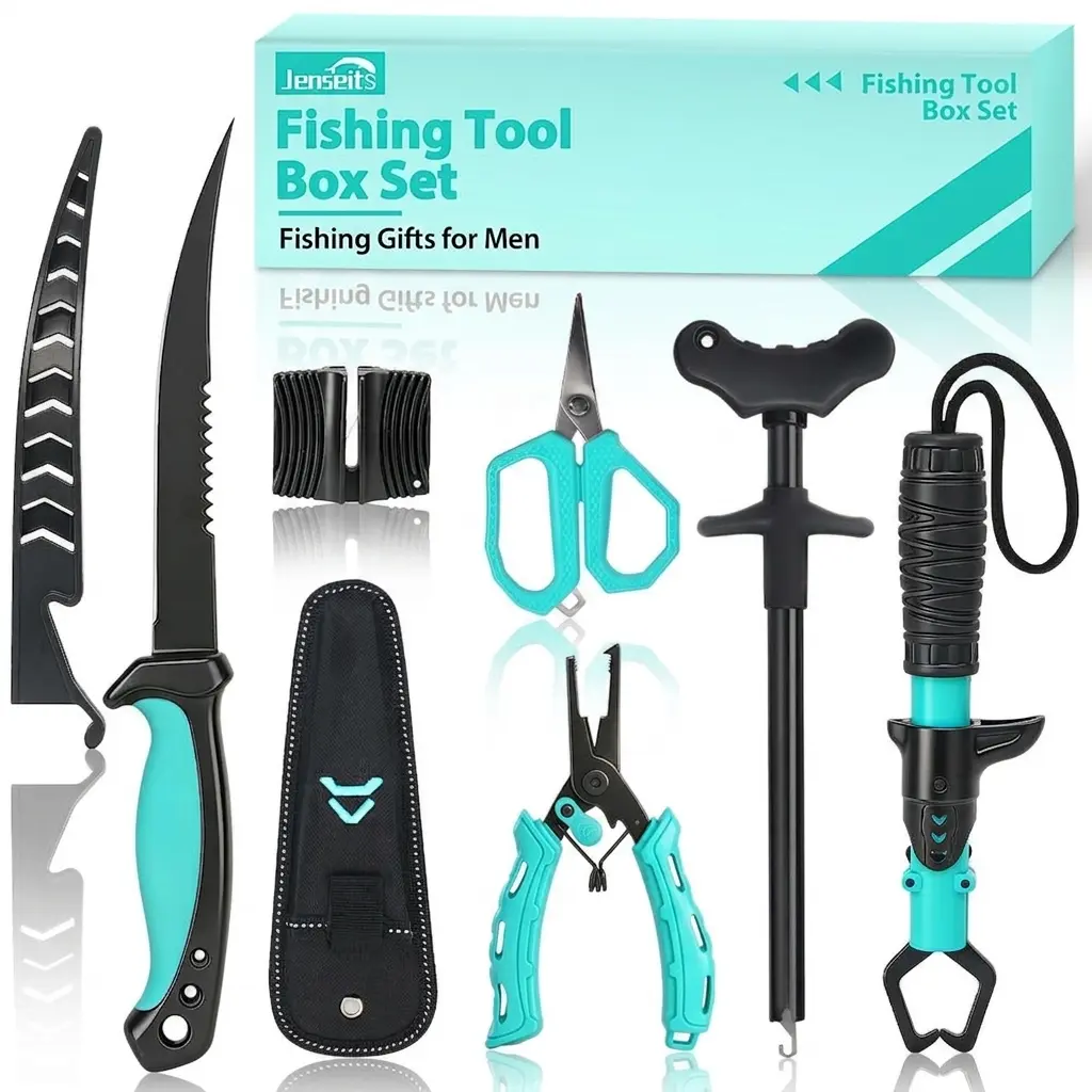 Jenseits Premium 6-Piece Fishing Gear and Equipment Multi-Tool Set - Corrosion-Res., Compact Kit for Adults, Includes Pliers, Fillet Knife, Fish Lip Gripper, Hook Remover, Scissors, Sharpening Stone
