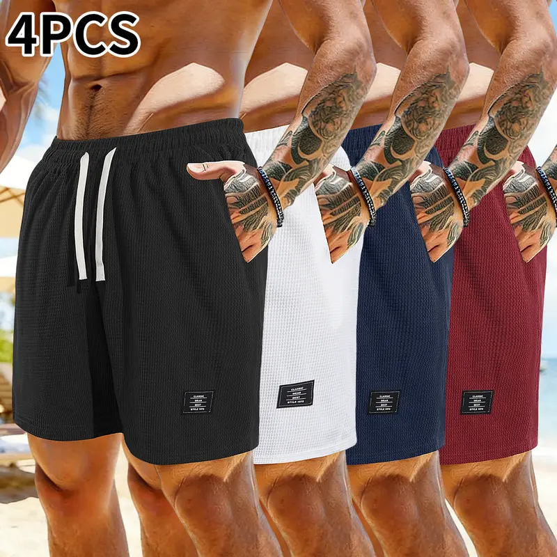 Men's 4-Pack Corduroy Elastic Waistband Stretchy Drawstring Shorts - Solid Beige, Side Pockets, Fitted Cut, Multi-Size for Daily Errands & Vacations, Elastic Waistband Men's Shorts, Stretchy Men's Shorts