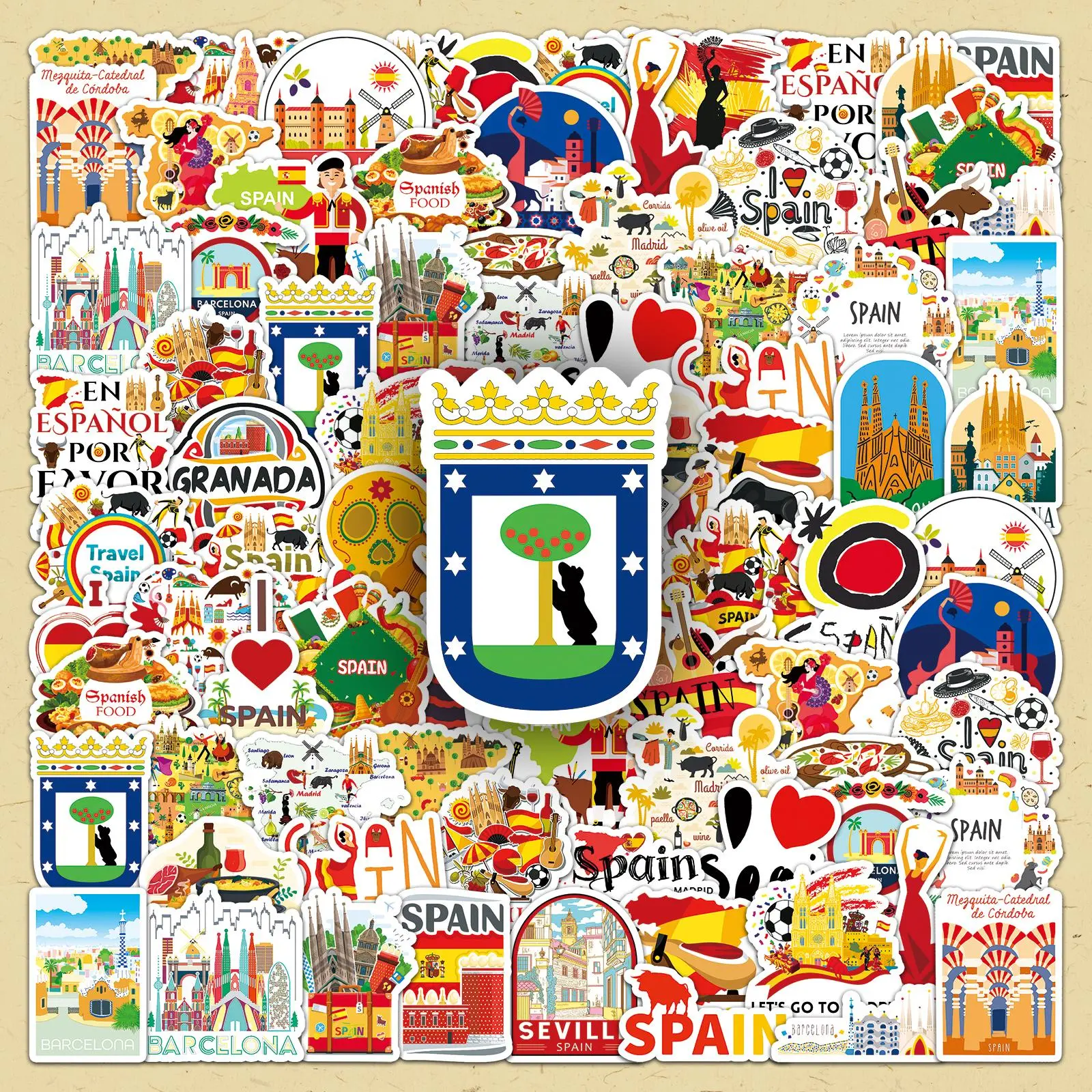 Spain Themed Sticker, 100pcs/set Creative Self Adhesive Decorative Stickers, DIY Decals for Water Bottle, Laptop, Phone Case, Scrapbooking, Journal Making