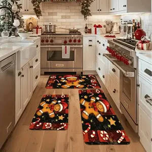 Jit Christmas Gingerbread Man & Candy Cane Rug Set, Non-Slip Washable Soft Carpet, Kitchen Laundry Hallway Floor Mat