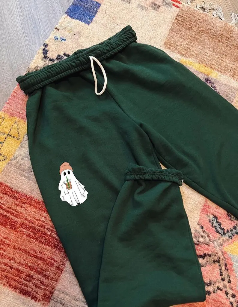 Cold Brew Ghosty Sweatpants, Cute Coffee Ghost Graphic Joggers, Spooky Season Lounge Pants, Cozy Fall Streetwear