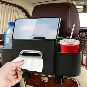 Backseat Headrest Hanging Organizer, 4 in 1 Car Seat Back Storage Box with Tissue Holder, Drink Cup Holders, Phone Tray and Hooks, Ideal for Snacks Beverages Phones and Small Items in SUV Sedan Truck Interior