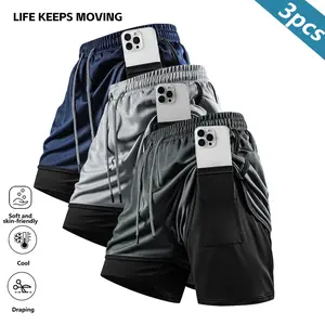 Men's Color Matching Pocket Drawstring Waist 2-in-1 Shorts Regular Version Casual Comfortable Breathable Sports Shorts Summer Men's Bottoms Suitable for Daily Wear Quick-Dry Material Fashionable Summer Shorts Outdoor