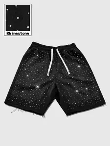 Men's Casual Drawstring Sweatpants, Rhinestone Decoration, Loose Fit, Breathable Fabric, Retro Street Style, Summer Daily Wear, Raw Cut Shorts