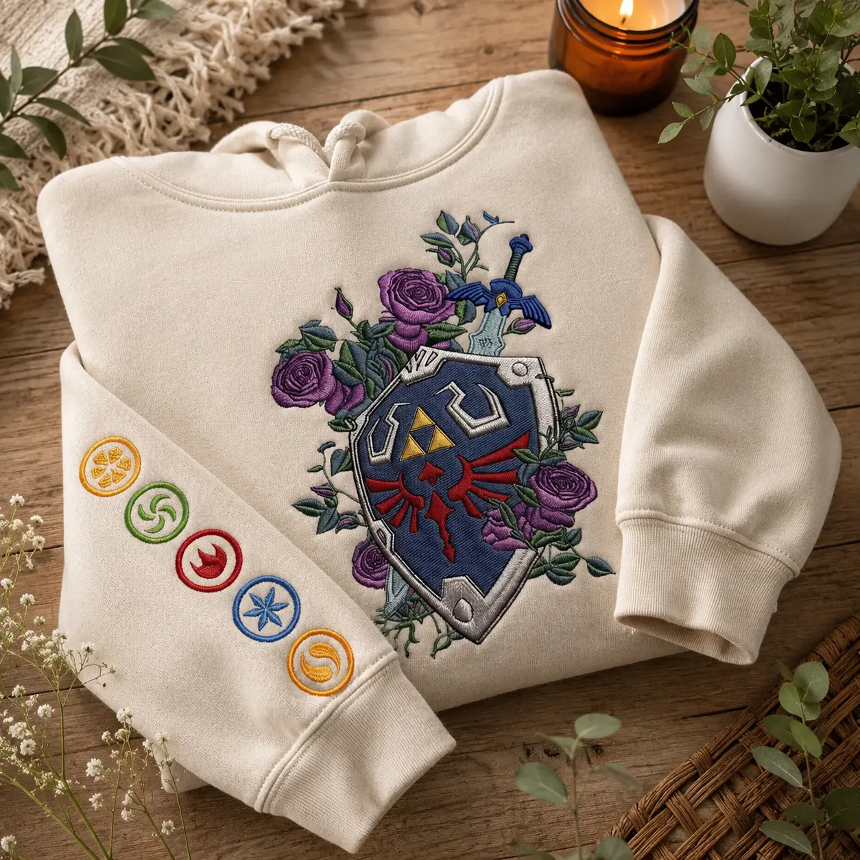 Floral Master Sword & Shield Embroidered Sweatshirt, Zelda Inspired Gamer Hoodie, Fantasy Video Game Apparel.