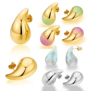 Gold Drop Clip On Earrings Dupes Teardrop Chunky Non Pierced Earring 14K Real Gold Plated Hypoallergenic Lightweight Earrings for Women（5 piece）