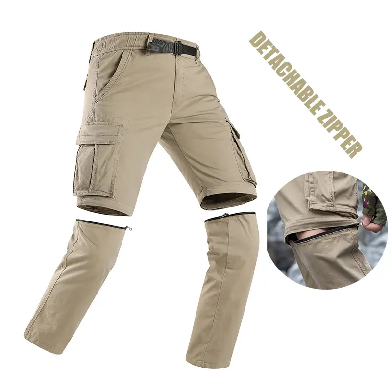Men's 2-Piece Detachable Work Pants - Mid Waist, Elastane Fabric, Multiple Pockets, Durable, Zipper-Convertible to Tactical Shorts, Suitable for Outdoors, Commuting, Hiking
