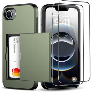 for iPhone 17e 16 15 14 13 12 11 Pro Max 16 15 14 Plus Pro Wallet Case with Card Holder + 2 Tempered Glass Screen Protector Protective Shockproof Hidden Card Slot Slim Case Women Men for iPhone 16e 6.1"