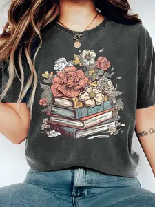 Women's Cartoon Floral & Books Print Round Neck Tee, Fashion Casual Fitted Short Sleeve T-shirt, Ladies Summer Clothes for Daily Wear