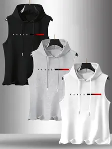 Men's 3-Pack Letter Graphic Print Hooded Sleeveless T-Shirt, Casual Comfortable Hoodie Vest, Summer Outdoor Fitness Wear, Athletic Sports Clothing, Gym Workout Shirt