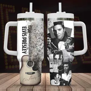 Elvis 20oz 40oz Tumbler With Handle, Rock And Roll Tumbler, Guitar And Photo Collage Stainless Steel Cup, Gift for Rock Lover