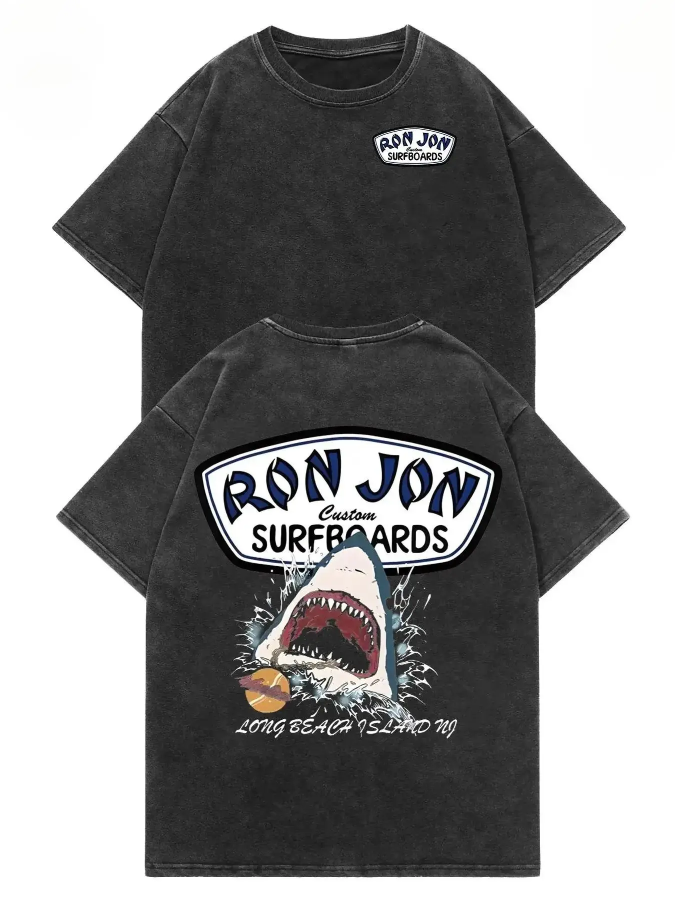 Men's Unisex Ron Jon Surfboards Shark Graphic Washed Short-Sleeve Tee, 100% Premium Cotton, Oversized Relaxed Fit, Retro Beach Surf Aesthetic, Y2K Casual Streetwear, Trendy Summer Vacation Gift Top style