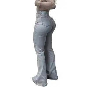 Women's FallFreshness Plus Size Bootcut Jeans - Spandex-Cotton Fabric, Flare Pants, Trouser Design, Minimalist Modern Denim, All-Season Wear, Stylish Fitted Basic Bottoms for Plus-Size Individuals