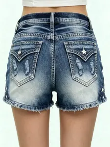 Women's Low-Rise Ripped Denim Shorts, Distressed Frayed Edge Skinny Stretch Jeans Shorts