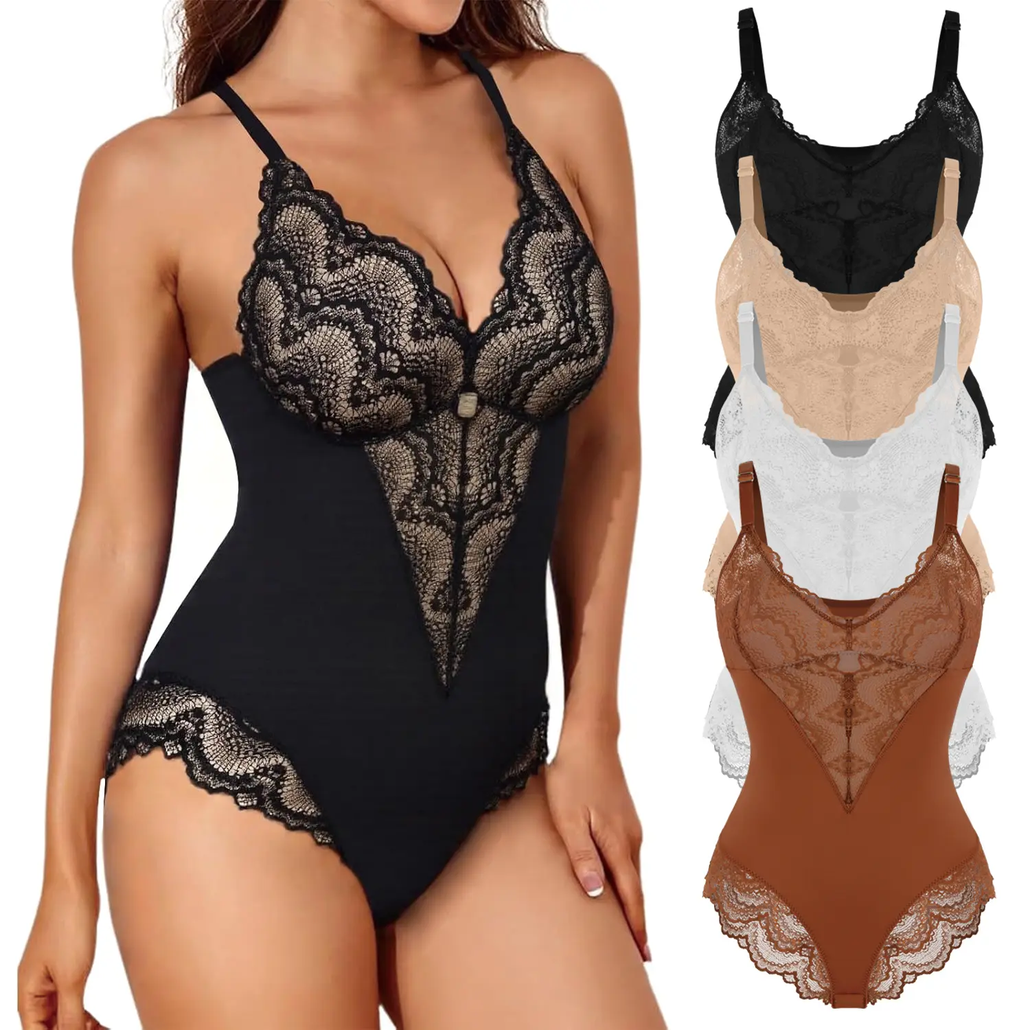 Lady's Lace V-Neck Shapewear Bodysuit with Tummy Control and Butt Lifter for Casual Wear or Valentines Day, Soft Nylon Fabric, up to 3XL, Wedding, Work, Night Out