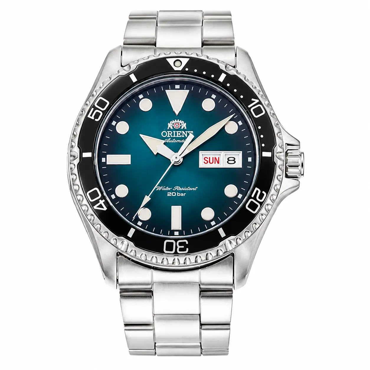 Original Orient waterproof men watch, 20Bar deep waterproof for diving & bathing. Gradient teal dial, adjustable steel bracelet, self-winding movement, shockproof design for daily and travel use
