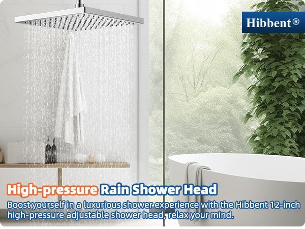 Hibbent Thickness Metal Rain Shower Head,  High Pressure Shower Heads, Square Large Bathroom Rainfall Shower Head with Adjustable Brass Ball Joint, Waterfall Full Body Coverage, Chrome