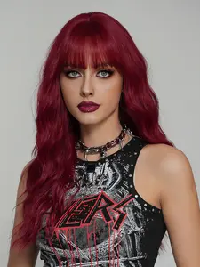 22 Inch Red Wavy Wigs for Women - Shoulder Length Wig with Bangs, Silky Heat-resistant Synthetic Fiber Wigs, Synthetic Material Wigs, for Party Easter Use, Perfect for Holidays Music Festivals, Red Lace Front Wig, Synthetic Hairpiece