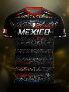 Mexico Soccer Jersey Aztec Calendar, Color Accents Blue, Casual Fitted Long Sleeve Top, All Seasons Wear, Football Jersey