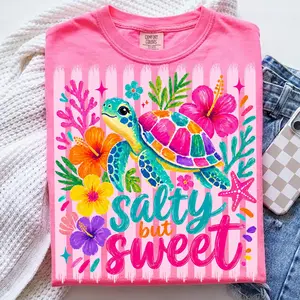 Striped Coastal Preppy Turtle Comfort Colors Shirt, Sweet Summer Beach Tee, Salty But Sweet Trending Ocean Vacation Apparel Tshirt