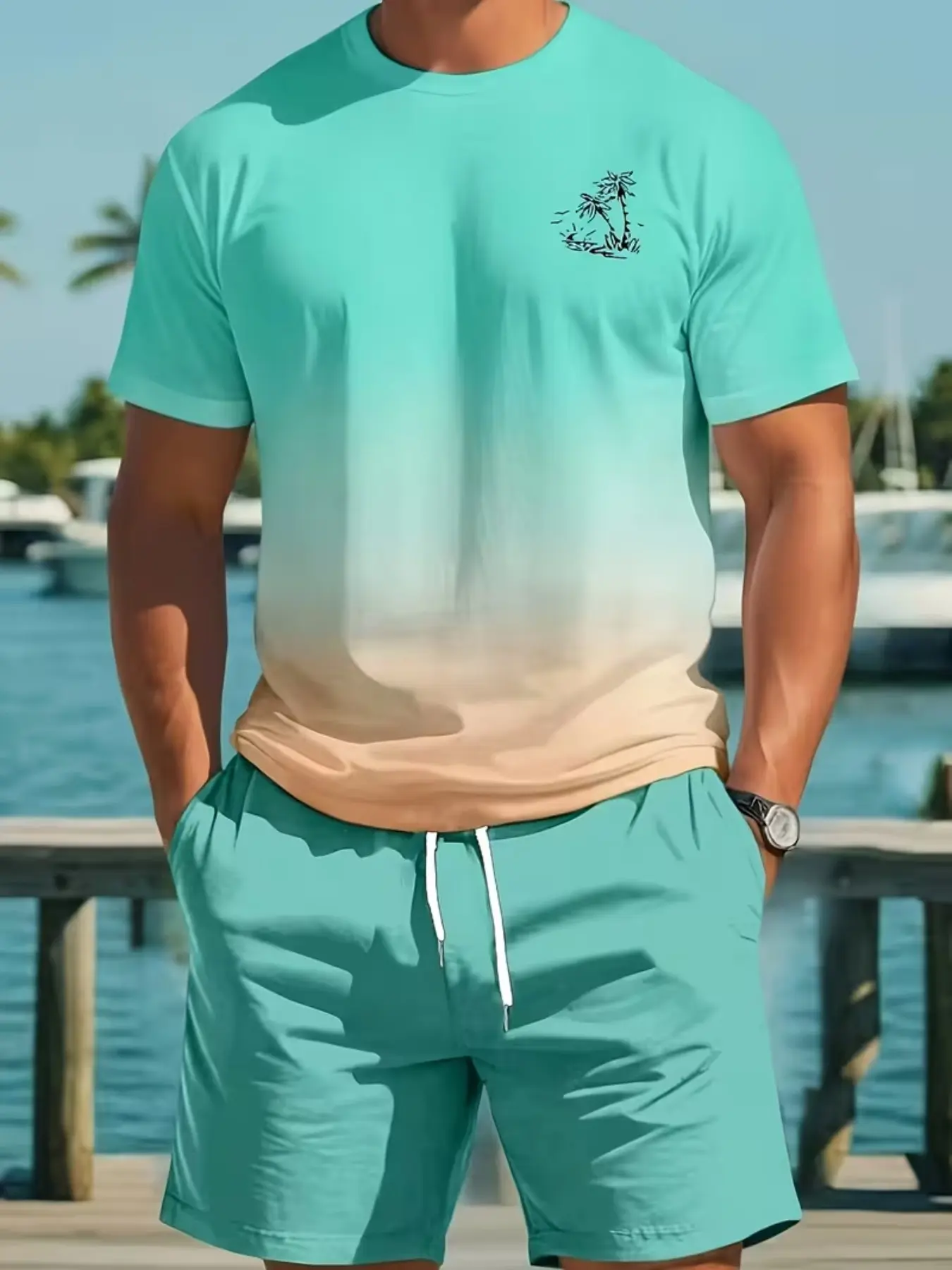 Men's Casual Round Neck Short Sleeve Print T-Shirt and Shorts Set Outfit, Fashionable Tropical Beachwear, Fitted Patterned Shorts, 2 Piece Set