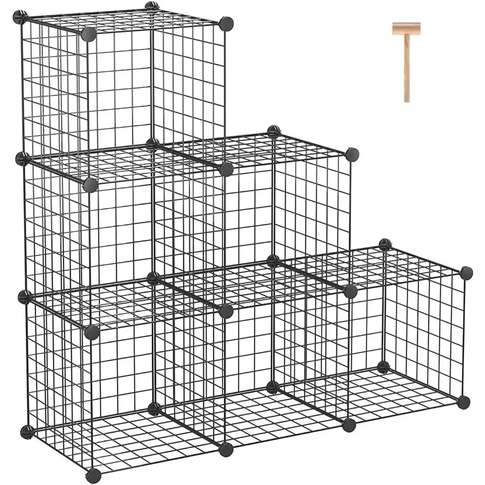 Industrial Black Mesh Wire Gridwall Shelf - 6-Cube Modular ABS Easy-Snap Expandable Space-Saving Home Organizer (Max 22 lbs per Cube, 36.6”L x 12.4”W x 36.6”H, Plant-Friendly) for Kitchen, Office