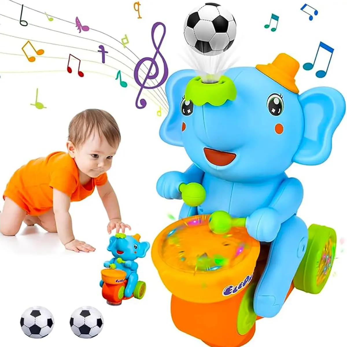 Interactive Elephant Baby Toy - Unisex Sensory Musical Light Up Toy with Blowing Ball, Spinner Drumming, Music, Flashing Lights, Obstacle Avoidance, Random Color for Play, Educational Gift