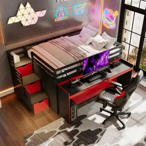 Modern Full XL Loft Bed with Pull-Out Desk, Twin Trundle, 2 Storage Drawers and Storage Steps, Space-Saving Gaming & Workstation Bed Frame, Black-Red