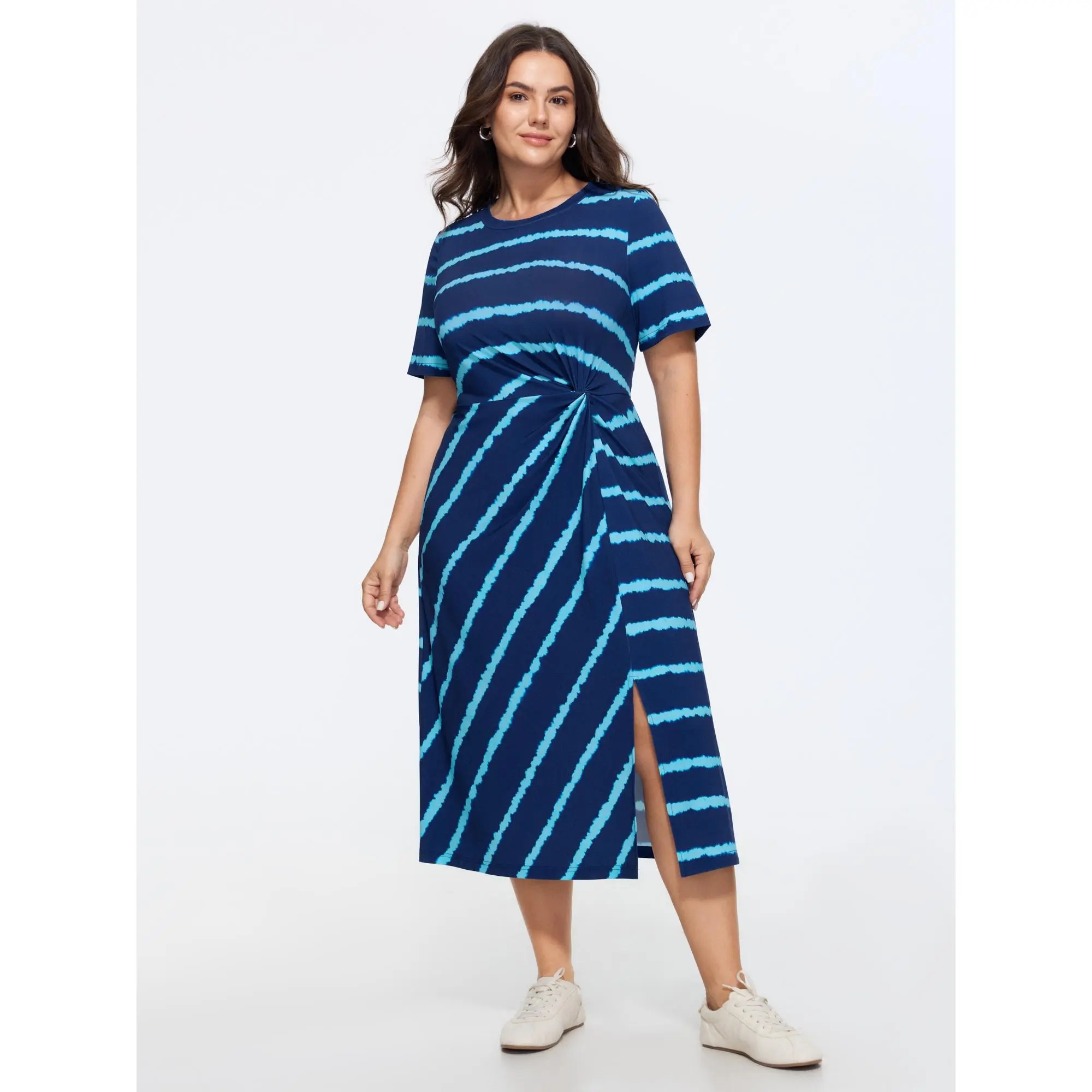 BloomChic Women's Plus Size Regular Sleeve Striped Spandex Midi Garment Dress - Twist Front, Split Hem, Stretch Fabric, Casual Wear