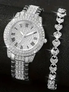 Women's Elegant Rhinestone Decorated Quartz Watch & Bracelet Set, Exquisite Trendy Wristwatch & Bracelet, Fashionable Watch Set As Gift for Women & Girls, Rhinestones Decor Wristwatch