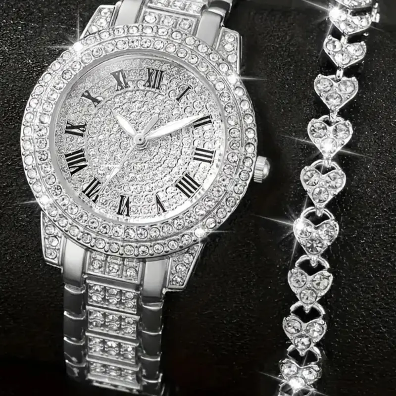 Women's Elegant Rhinestone Decorated Quartz Analog Watch & Bracelet Set, Exquisite Trendy Wristwatch & Bracelet, Fashionable Watch Set As Gift for Women & Girls, Rhinestones Decor Wristwatch, Fashion Watch Jewelry