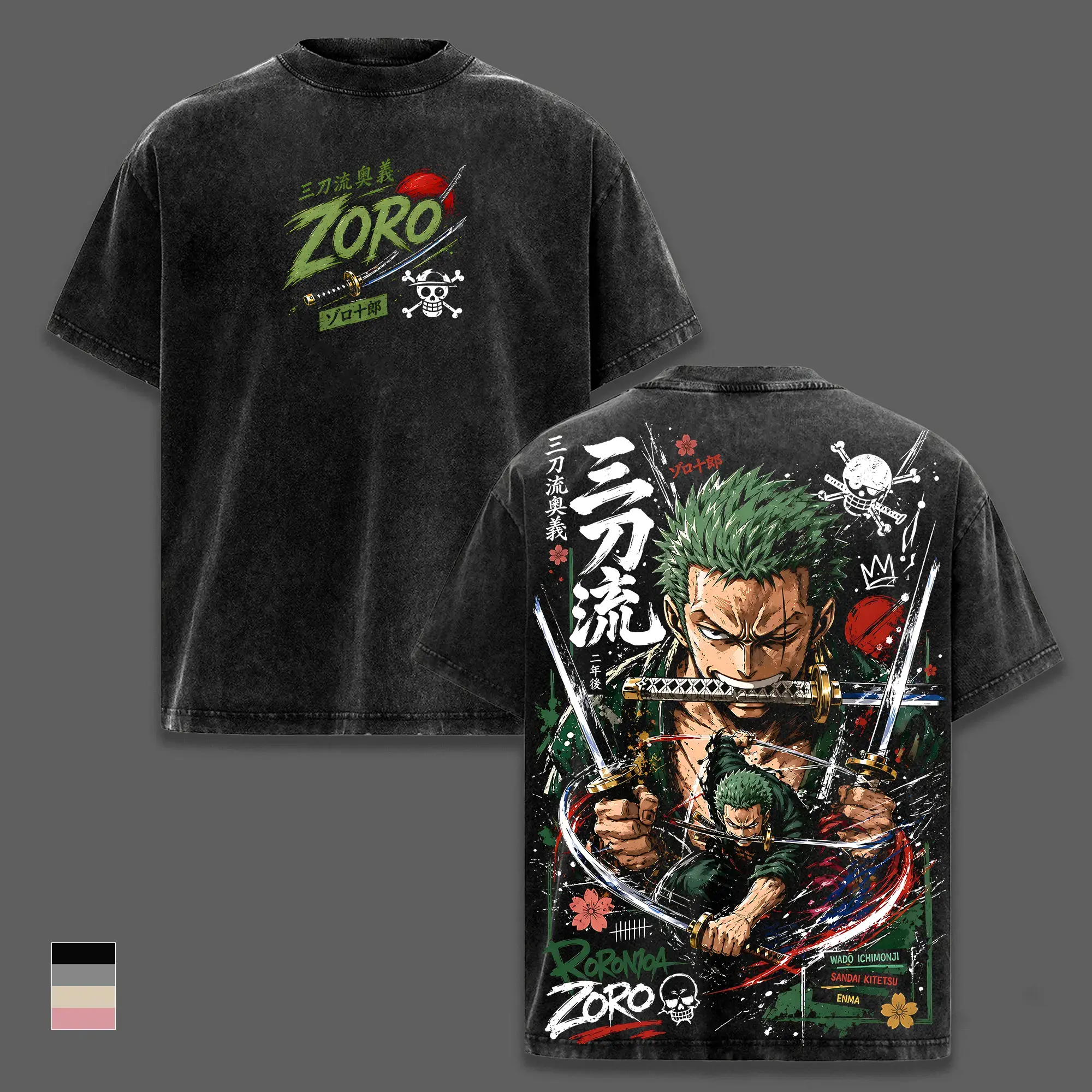 Vintage Washed Heavyweight Cotton Roronoa Zoro Anime Tee Oversized Graphic T-Shirt One Piece Streetwear Mens Wano Arc Pirate Hunter Three Sword Style Manga Shirt Y2K Retro Tops Gym Pump Cover Casual Short Sleeve Everyday Apparel Fan Gifts Trendy Merch