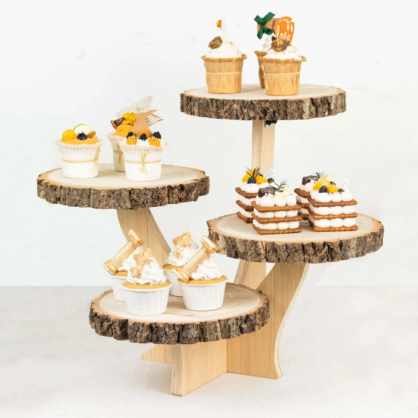 4-Tier Wooden Cupcake Stand, 15" Tall Farmhouse Style Natural Wood Slice Design - Rustic Dessert Display Cake Holder, Cupcake Display Set with Decor Compatibility for Home, Festive & Party Supplies