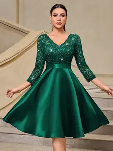 MIUSOL 24320A Sequin Floral Lace Contrast Satin Elegant V-Neck 3/4 Sleeve Prom Party Evening Swing Dress, Wedding Guest Dress, Semi Formal Cocktail Party Dress, A-Line Dress