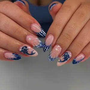 24pcs Long Almond Fake Nails, Bare Base + Ocean Theme Nail Art Set, Reusable, Beginner Friendly, Includes Jelly Glue & File