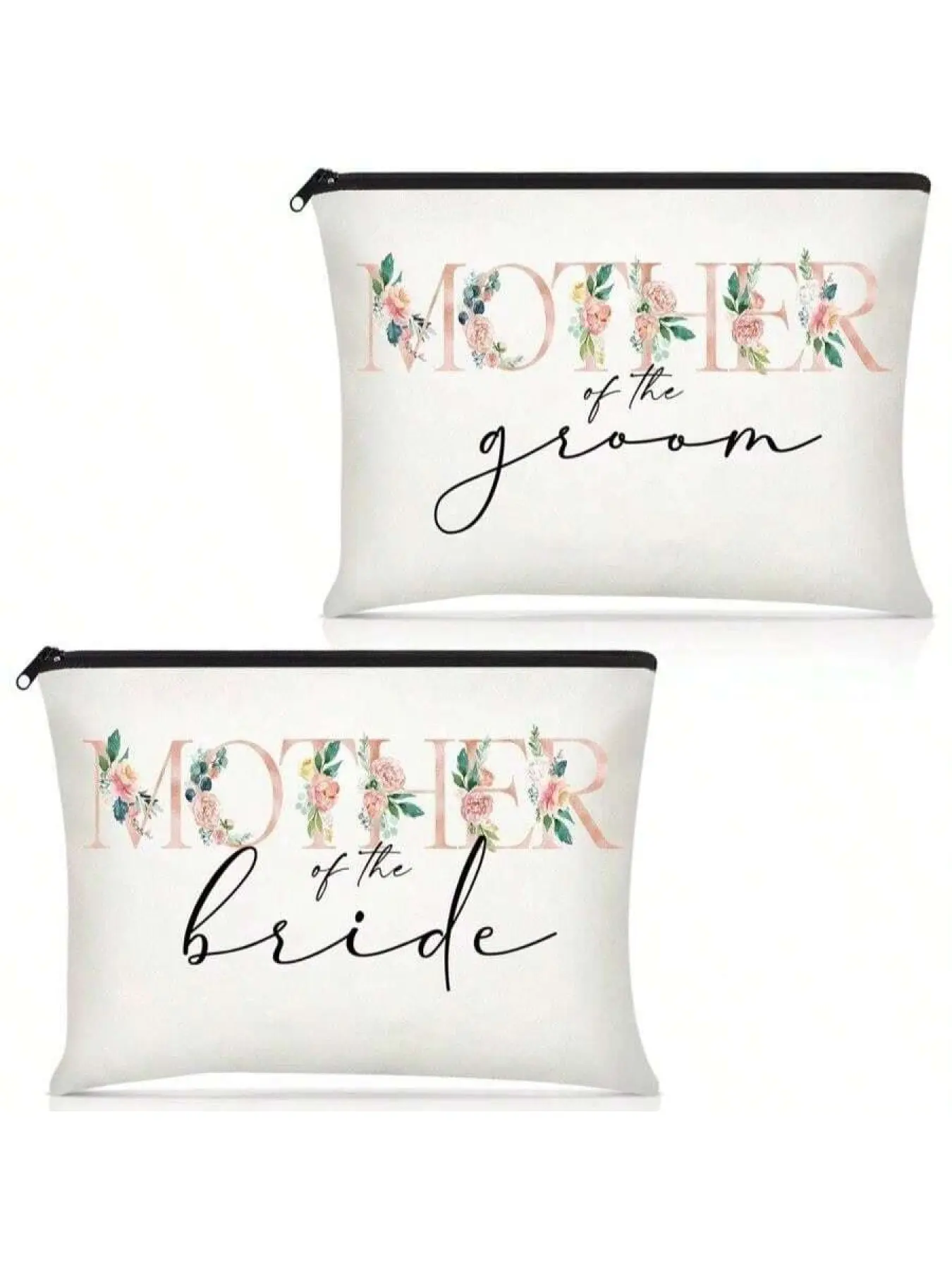 Reginary 2 Pieces Wedding Cosmetic Bags Mother Of The Bride Makeup Bag Mother Of Groom Canvas Floral Initial Print For Mom In Law Wedding Engagement Gift(Flower) Cosmetic Pouch