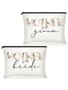 Reginary 2 Pieces Wedding Cosmetic Bags Mother Of The Bride Makeup Bag Mother Of Groom Canvas Floral Initial Print For Mom In Law Wedding Engagement Gift(Flower)