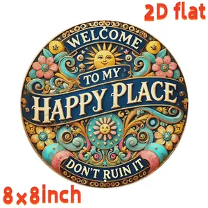2D Flat - 8X8 Inches, Welcome to My Happy Place' Round Metal Sign - Durable, Easy to Hang Decoration for Bedrooms, Kitchens, Dining Rooms And Bars - Perfect Home Or Office Gift, Room Decoration, Unique, Perfect Room Decoration, Hanging Decorative Plaque