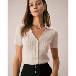 rihoas Women's Basic Casual V-Neck Button Pointelle Knit Tee - Short-Sleeve Comfortable Viscose Fabric Top with Flattering Fit,summervibes