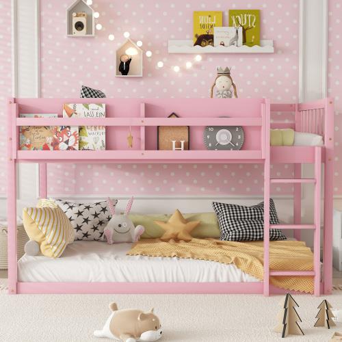 Twin Over Twin Low Bunk Bed, Floor Bunk Bed with Ladder, Solid Wood Twin Bunk Bed