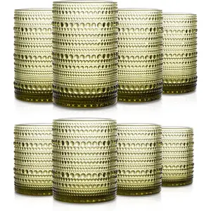 Set of 8 Hobnail Drinking Glasses  Green Glassware - 4 Highball Glasses 14 oz, 4 Rocks Glass Cup 11 oz, Embossed Old Fashioned Glassware for Water, , , Juice, Mixed Drinkware