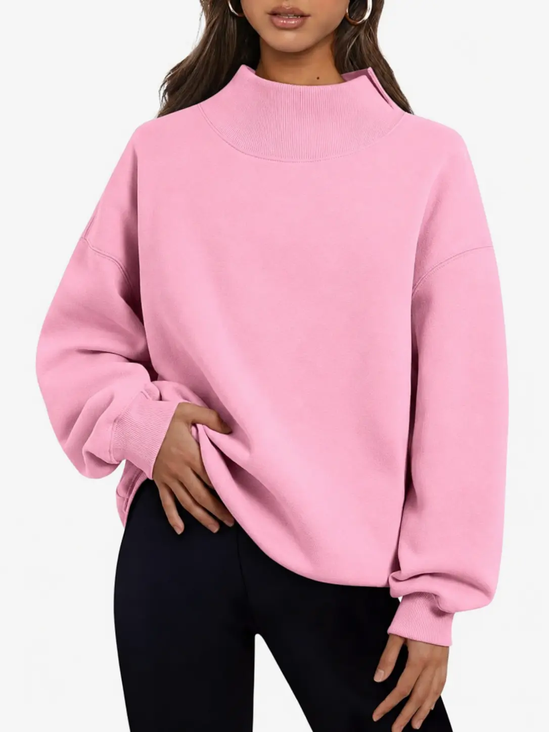 Women's Casual Oversized Mock Neck Pullover with Side Slit, Long Sleeve Comfortable Fit for Everyday Wear, Longsleeves, Ribbed, Tops, Basic, Pants, Sweatshirt, Mock Neck Sweatshirt