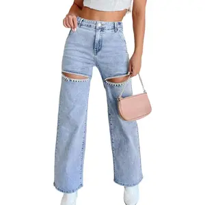 Womens Rhinestone Pearl Cut Out Jeans High Rise Straight Leg Casual Embellished Denim Bling Pants with Elastic Waist Panels