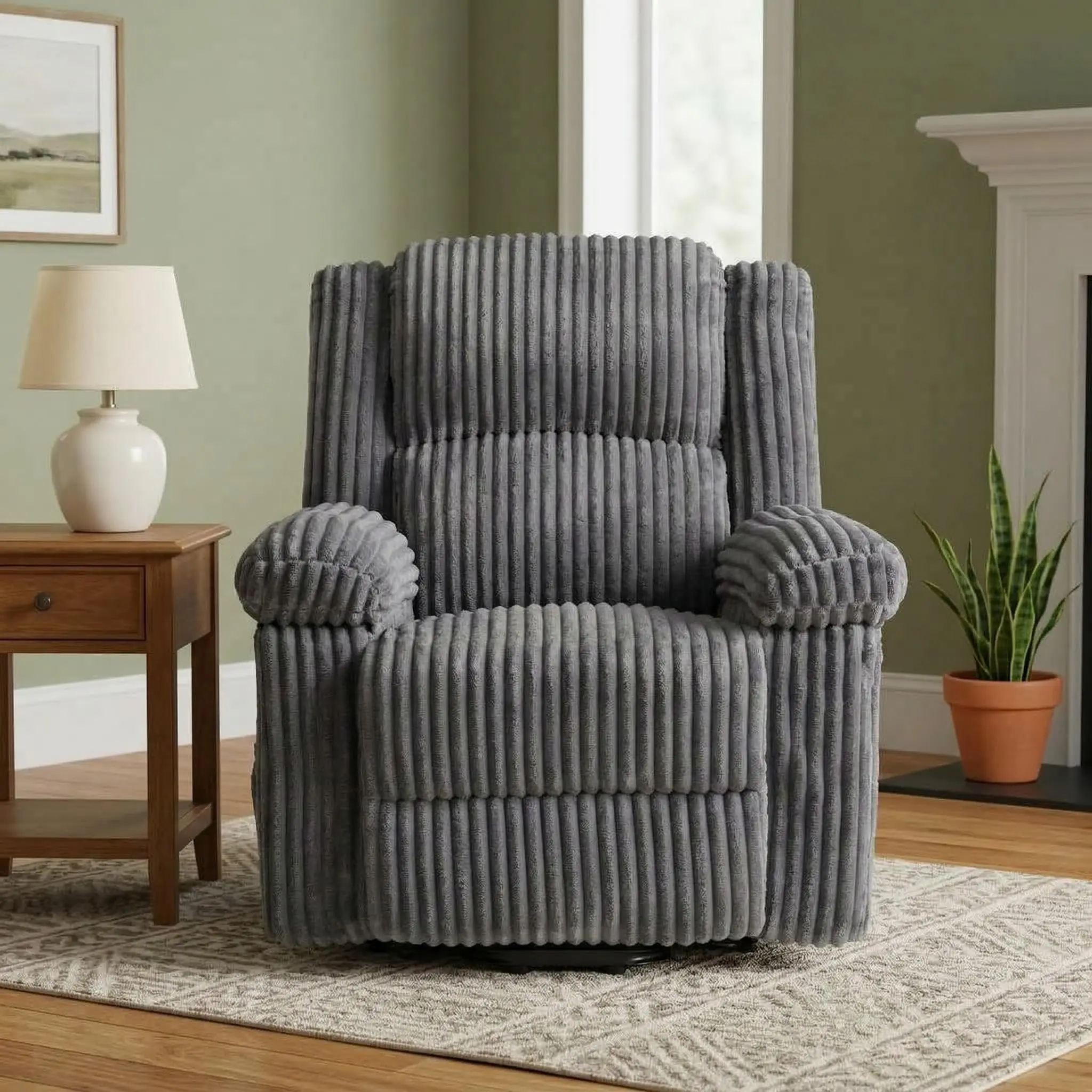 Corduroy Recliner Chair, Manual Recliner Sofa with Handle, Pillow Top Arms, Thick Padding, Side Pocket, 330Lbs Capacity, Adjustable Recliner for Living Room, Bedroom, Home Theater, Dark Gray