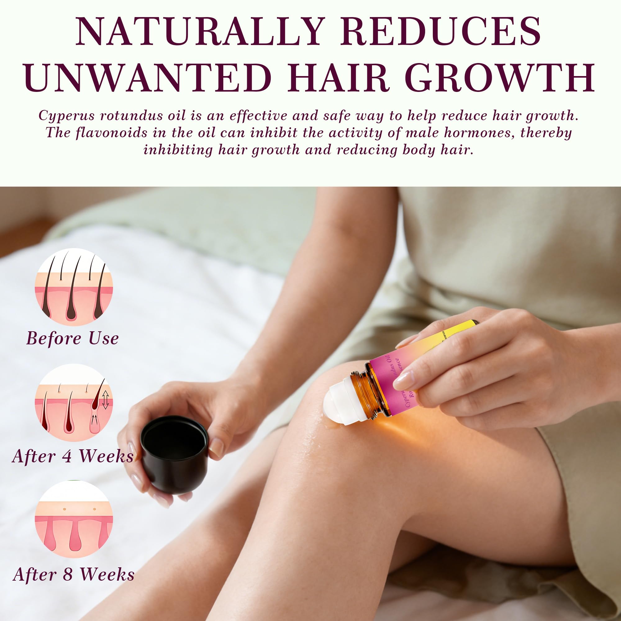 Cyperus Rotundus Oil Hair Removal Roll-On Essence, Natural Cyprus Cypress Rotundus Oil for Hair Removal, Reduces Unwanted Hair Growth, Soothes Skin & Minimizes Pores for All Skin Types