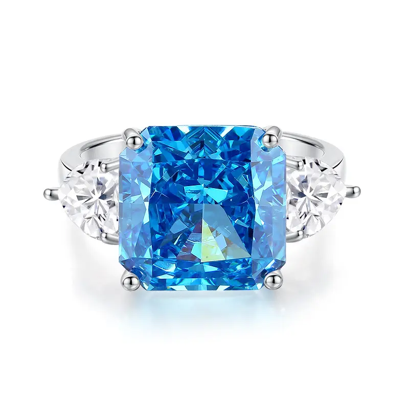 Women's S925 Sterling Silver 958 Purity Ring - 6-Carat Aquamarine, Large Cube Candy Shape, High-End High-Carbon Zircon Accent Ring
