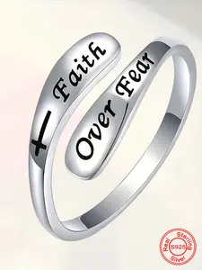 Women's S925 Silver Color Ring, Faith Over Fear Rings, Adjustable Open Design, Modern Style, Daily Wear Jewelry, Perfect Gift for Women & Girls