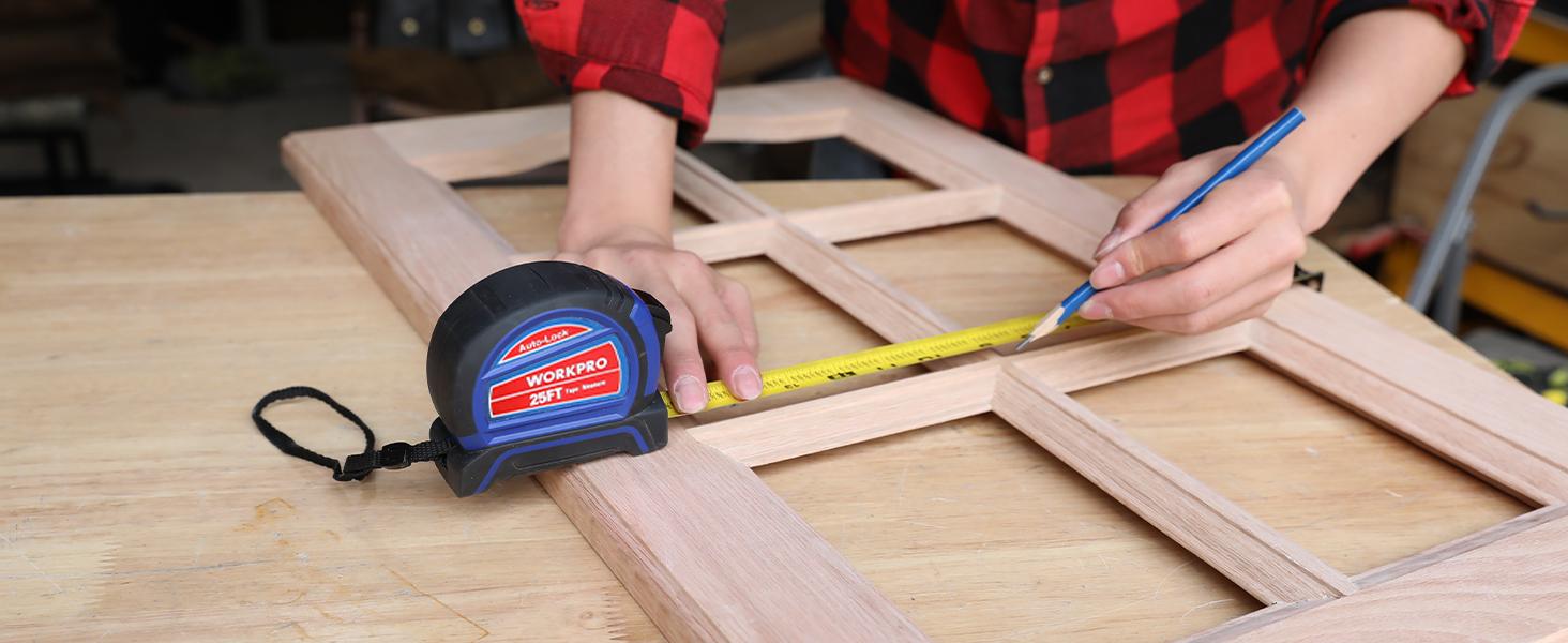 #fathersdaygift WORKPRO Auto-Lock Tape Measure 25 FT, Tape Measure with Fractions Every 1/8" and 1/32" Accuracy, Quick Read, Nylon Coated with Magnetic Hook, Shock-Resistant Case and Belt Clip